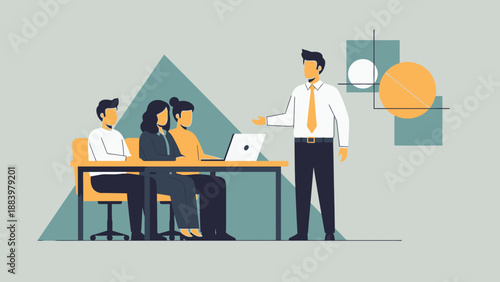 Business meeting with team presenting to manager in office