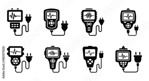 Variety of medical devices with electrocardiogram displays and power plugs icon set