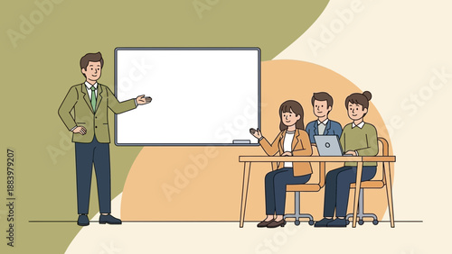 Business meeting with whiteboard presentation, team collaboration, learning and training