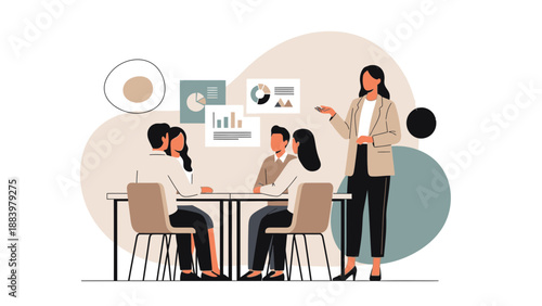 Business meeting women presenting charts and graphs to team discussion