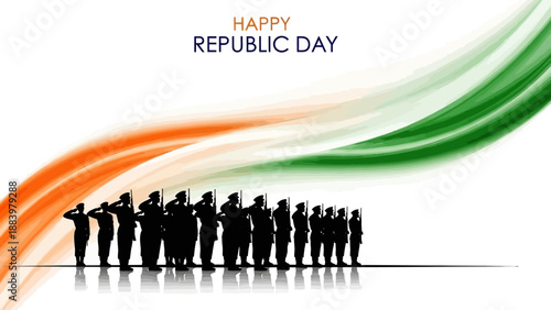 Illustration of Indian army silhouettes standing together with a waving Indian flag design on Republic Day with a celebratory mood.