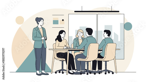 Business meeting, diverse team planning in office, teamwork concept illustration