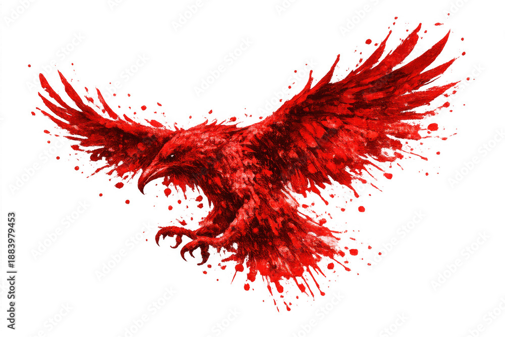 Fototapeta premium Red raven flying, abstract paint splatter creature, representing freedom, power, and intensity with feathered wings
