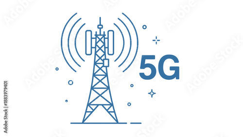 A blue 5G cell tower with signal waves on a white background