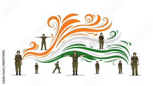 Illustration of Indian army soldiers with a stylized Republic Day India flag design in orange, white, and green hues on a clean white background.