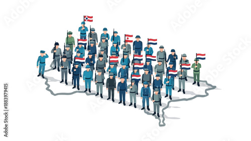 Illustration of diverse people standing on India map holding flags on Republic Day, symbolizing national pride and unity with a patriotic mood.