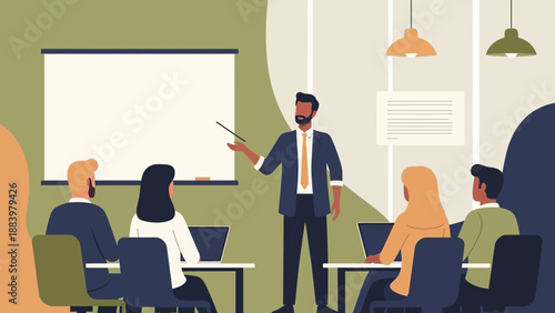 Business meeting, presentation, training, teamwork, strategy, office interior, flat design