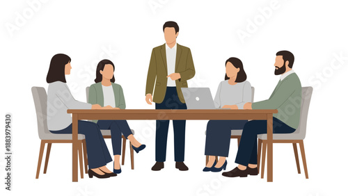 Business meeting, team collaboration, people sitting around table with laptop, flat illustration