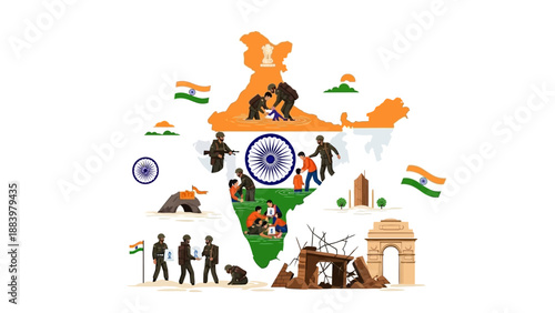 Illustration of India map with Republic Day and Army themes, featuring people, flags, and landmarks in a colorful graphic design.