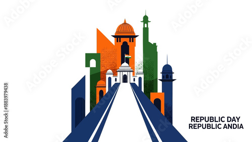 Illustration of India Army and Republic Day celebration with a stylized cityscape and flag elements in orange, white, and green hues against a clean white background.
