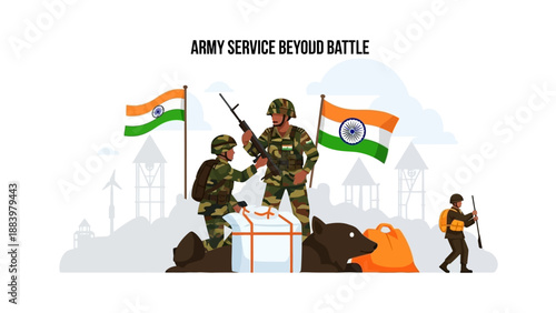 Illustration of Indian army soldiers in camouflage gear standing on a rock with the Indian flag, conveying patriotism and bravery on Republic Day, with a cityscape background.