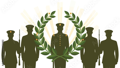 Vector illustration of Indian Army soldiers in uniform with flag and laurel wreath on Republic Day, symbolizing patriotism and national pride.