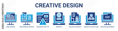 Creative Design web banner icon vector illustration concept with icon of web design, responsive design, browser pop up, website, online content, website structure, and web development.