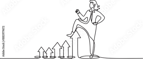 Single one line drawing businesswoman standing on arrows coming out of holes. Woman leading financial graph rising from hole. Business growth concept. one line Icon drawing