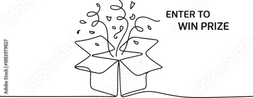 Single continuous line drawing top view open gift box and confetti. Enter to win prize. Present package with bursting element, surprise inside. one line Icon drawing