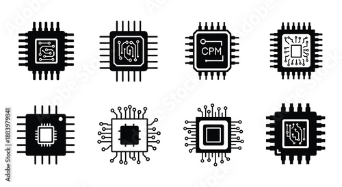 A collection of black and white electronic microchips displayed in various orientations