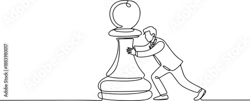 Single continuous line drawing young businessman push huge pawn chess piece. Business strategy and marketing plan. Strategic move in business concept. one line Icon drawing