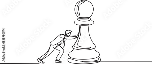 Single continuous line drawing young businessman push huge pawn chess piece. Business strategy and marketing plan. Strategic move in business concept. one line Icon drawing