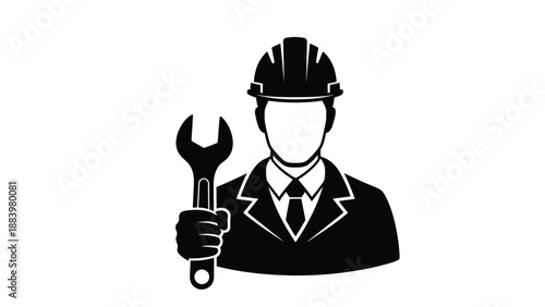 Silhouette of a construction engineer or mechanic holding a large wrench tool icon