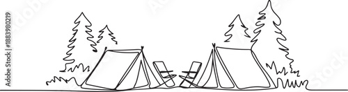 Single one line drawing camping landscape in campsite ground. Pair of tents with two chair in forest on grass. Summer camping on nature. Eco tourism. one line Icon drawing