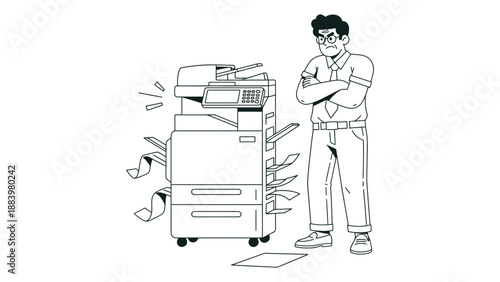 A frustrated office worker standing next to a broken copier machine