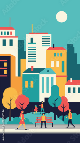 Vibrant City Park Vector Illustration with People Enjoying a Sunny Day in an Urban Landscape