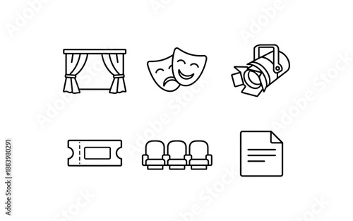 Collection of theater and performance icons including curtains, masks, spotlight, ticket, seats, and script