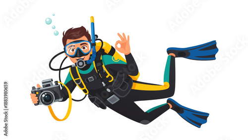 Scuba Diver Taking Underwater Photo, Vector Illustration of Marine Life Exploration and Hobby