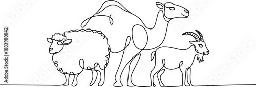 One continuous line drawing of sheep, camel and goat. Muslim holiday the sacrifice an animal to God, Eid al Adha greeting card concept. one line Icon drawing