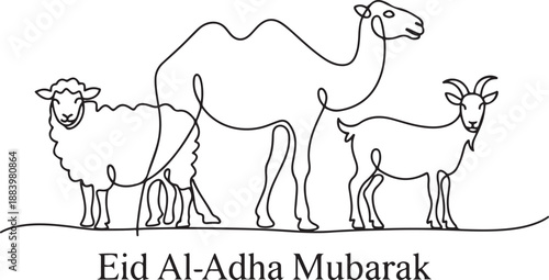 One continuous line drawing of sheep, camel and goat. Muslim holiday the sacrifice an animal to God, Eid al Adha greeting card concept. one line Icon drawing