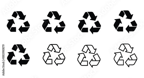 Arrangement of recycling symbols in black and white showing different variations