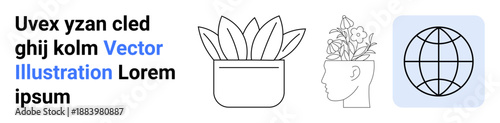 Nature, creativity, mental growth, sustainability, earth care, mindfulness. Line art includes a potted plant, a head with blooming flowers and a globe. Creativity and mental growth concept