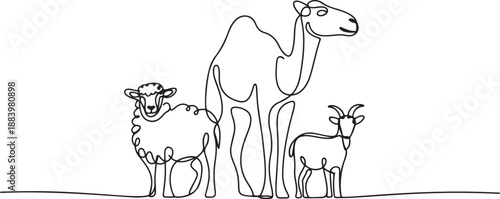 One continuous line drawing of sheep, camel and goat. Muslim holiday the sacrifice an animal to God, Eid al Adha greeting card concept. one line Icon drawing