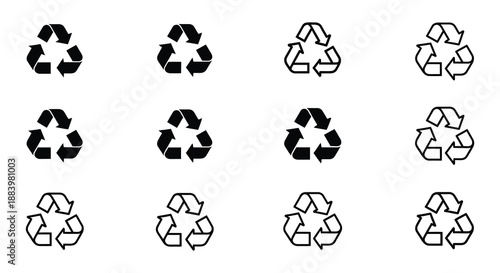 Arrangement of recycling symbols in black and white showing different variations