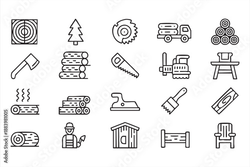 Forestry and Sawmill Line Icons for Wood Production Concepts