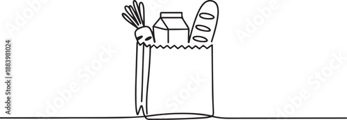 One single line drawing of fresh paper grocery bag contain milk, carrot, milk, bread inside vector illustration graphic. Staple food concept. one line Icon drawing