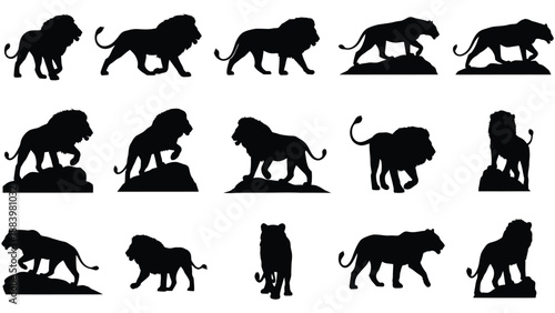 Collection of various male lion silhouettes depicting different proud walking and standing poses