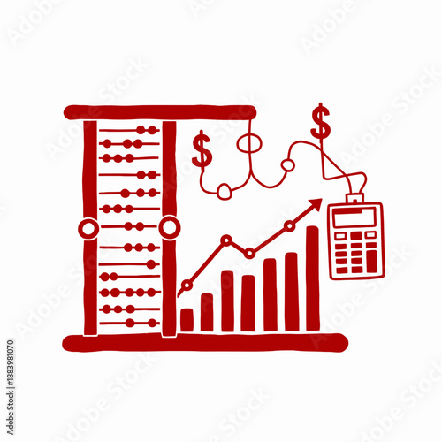 Illustration of Financial Growth with Abacus, Bar Graph, Dollar Signs, Calculator, and Upward Arrow Symbolizing Economic Progress and Analysis