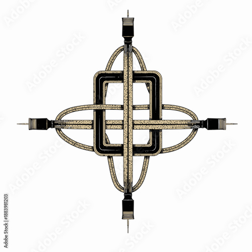 Intricate Geometric Abstract Design Featuring Symmetrical Patterns and Interwoven Lines Creating a Cross-like Structure