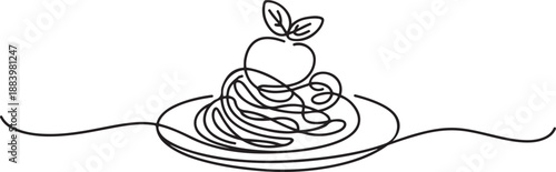 One single line drawing of fresh delicious Italian spaghetti logo vector illustration. Pasta fast food cafe menu and restaurant badge concept. one line Icon drawing