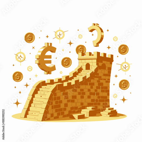 Illustration of a fortress made of bricks with flying currency symbols and coins, symbolizing financial security, investment growth, and economic stability