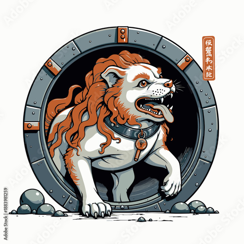 White Dog with Fiery Red Mane Emerging from a Circular Metal Portal with Intricate Details
