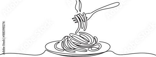 One single line drawing of fresh delicious Italian spaghetti logo vector illustration. Pasta fast food cafe menu and restaurant badge concept. one line Icon drawing