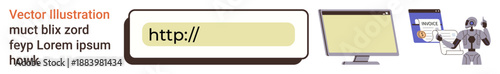Internet browsing, artificial intelligence, online security, web development, digital tools, software automation. Browser URL bar, desktop monitor robot interacting. Internet browsing and artificial