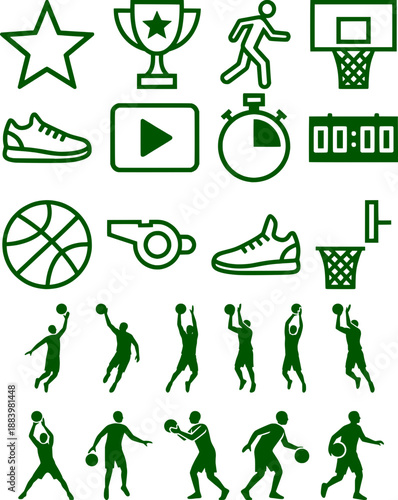 Basketball sports icons and player silhouettes set. Collection of vector elements including basketball ball, hoop, whistle, trophy, sneakers, stopwatch, and players in action poses like dunking and dr