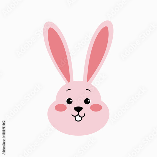 Illustration of a Cute Pink Bunny with Long Ears and Adorable Expression on a White Background with Minimalistic Design Elements