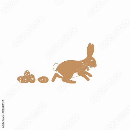 Adorable cartoon bunny wearing a striped bowtie hopping energetically past vibrantly decorated Easter eggs on a plain white background