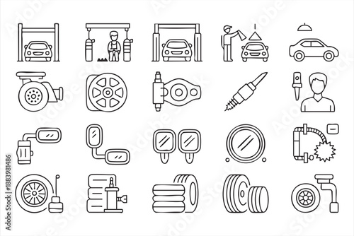 Automotive Repair and Inspection Line Icons for Dashboards