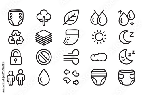 Baby Diaper and Wellness Line Icons for Care Interfaces
