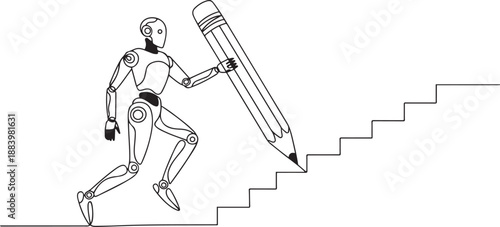 Continuous one line drawing robot use huge pencil to draw rising up stairs. Humanoid robot cybernetic organism. Future robotic development concept. one line Icon drawing